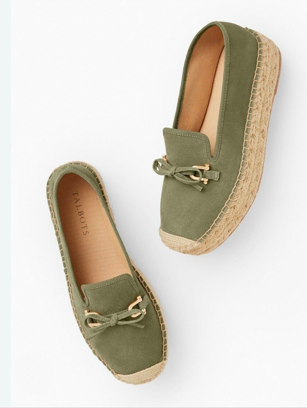 Talbots Quinn Suede Platform Espadrilles Bow Loafers Sagebrush Green Sz 7.5